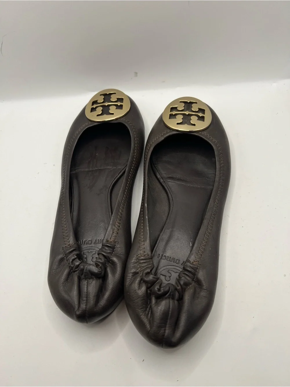 Tory Burch Dark Brown Leather Logo Ballet Flats with Gold Emblem